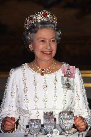 Queen Elizabeth wearing the Burmese Ruby tiara