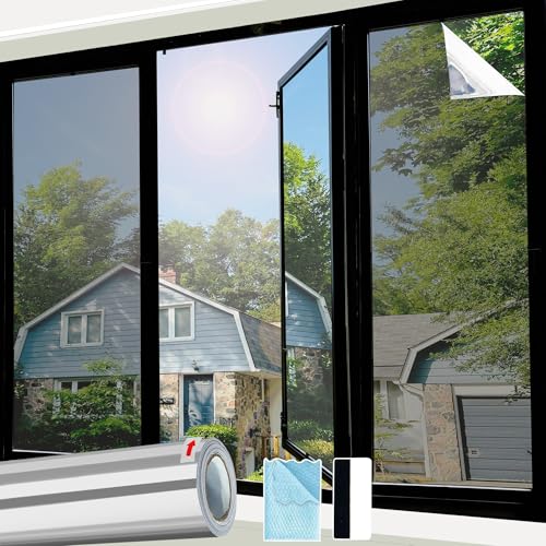 Linarun One Way Window Film Privacy Film for Glass Windows Heat Reflective Daytime Privacy Window Film See Out Not in Anti Uv, Silver, Static Cling, 44.5x200