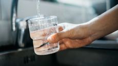 Water is pouring out of a silver tap into a glass, which is already almost full with water. A person's hand is shown as they hold the glass under the tap.