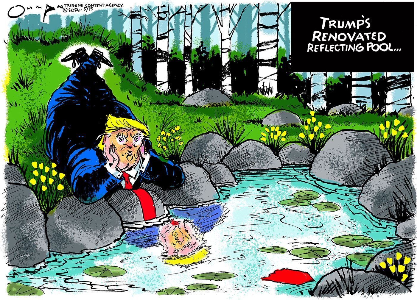 This cartoon is titled &amp;ldquo;Trump&amp;rsquo;s Renovated Reflecting Pool&amp;hellip;&amp;rdquo; It depicts Trump lovingly looking at his own reflection in a calm, lovely pond of water surrounded by rocks. He has fallen in love with his own reflection, like Narcissus.