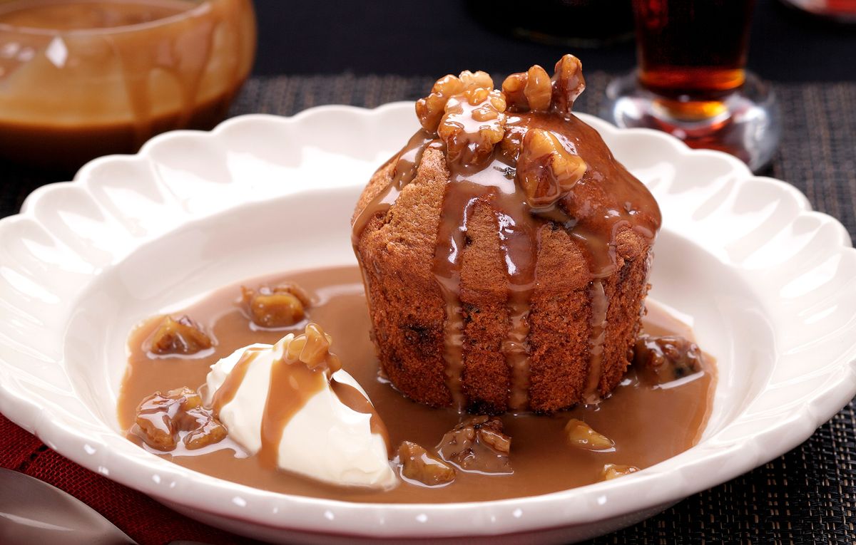 Banana and raisin puddings with rum and walnut sauce Baking Recipes