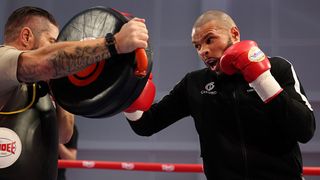 Chris Eubank Jr punches the pads ahead of the Middleweight fight between Chris Eubank Jr and Conor Benn during a media workout as part of Fatal Fury City of the Wolves