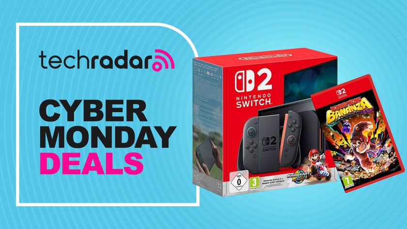 The Nintendo Switch 2 – Mario Kart World bundle and Donkey Kong Bananza in front of a blue background with the words TechRadar Cyber Monday Deals written on it.