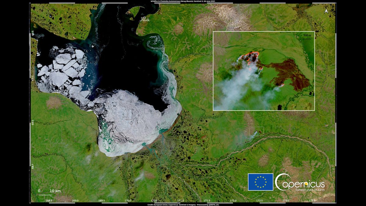 A wildfire raging about 60 miles away from Pevek, one of Russia's northernmost towns.
