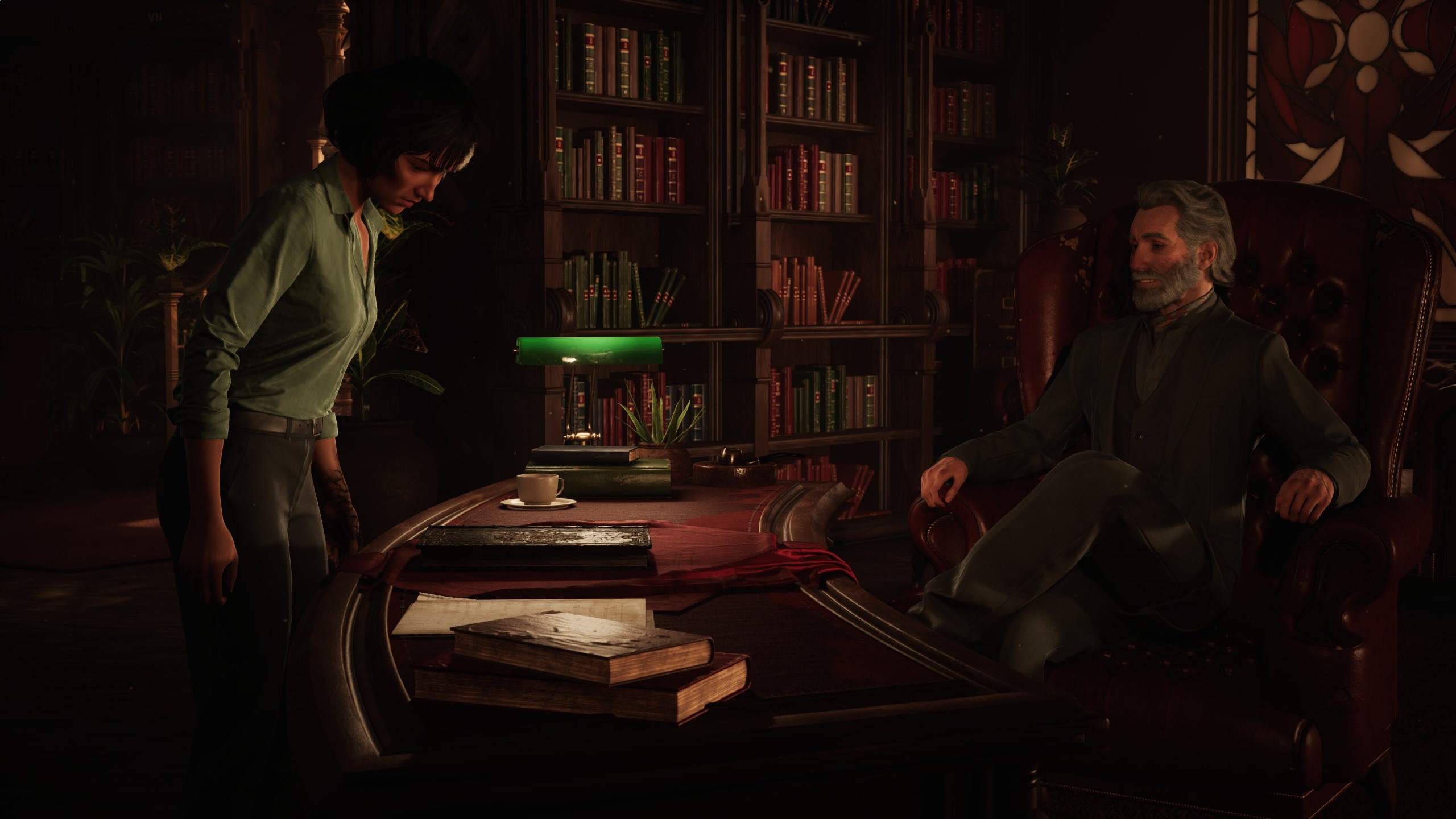 A screenshot from 1666: Amsterdam showing two characters sitting around a desk