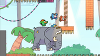 Four clowns riding on top of a cartoon elephant