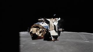 The Apollo 16 Lunar Module approaches the waiting Command and Service Modules.