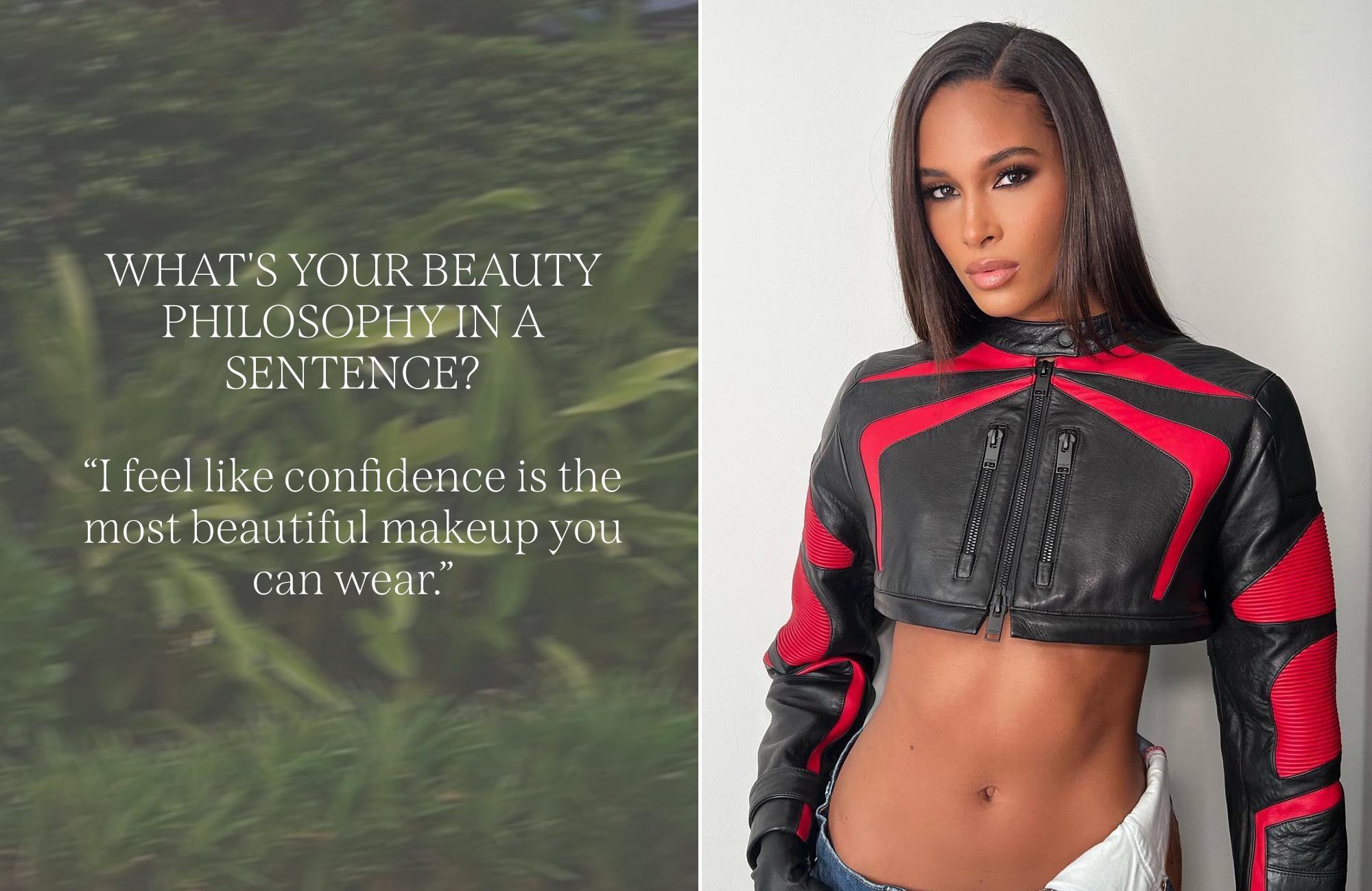 Cindy Bruna in a leather jacket next to a quote from an interview with Cindy Bruna