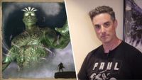 A split image showing the god Eothas on the left and Josh Sawyer on the right.