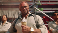 A screenshot shows a landlord holding an ice cream cone in the game No Law