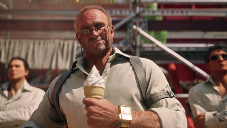 A screenshot shows a landlord holding an ice cream cone in the game No Law