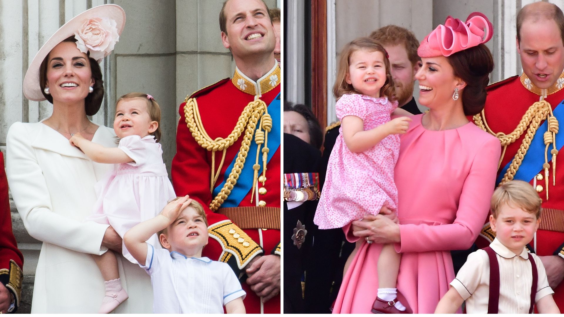 Composite of a picture of Kate Middleton and Princess Charlotte wearing the same colour outfits at Trooping the Colour in 2016 and in 2017