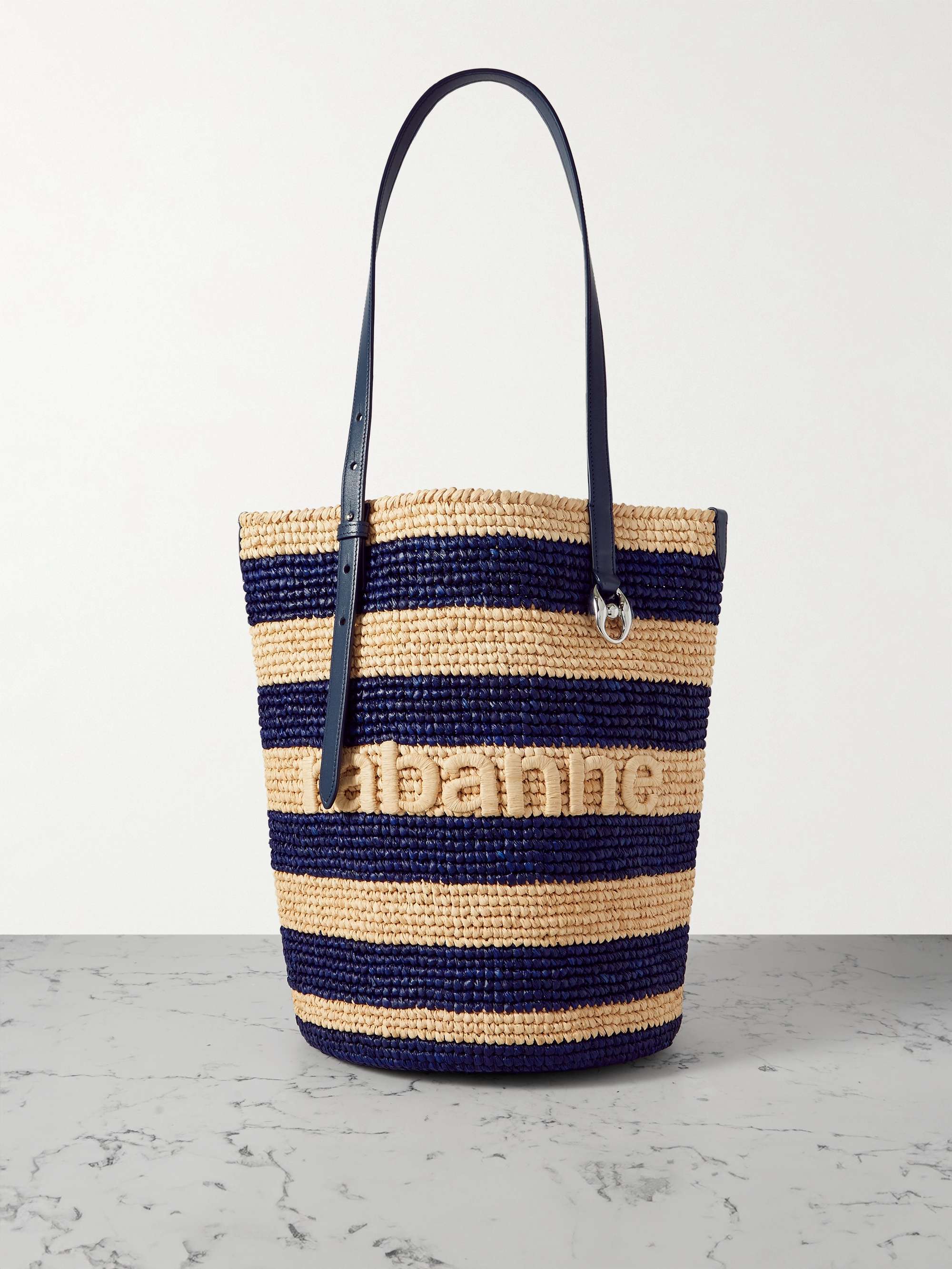 Leather-Trimmed Logo-Embroidered Striped Raffia Tote