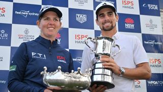 Ashleigh Buhai and Joaquin Niemann with their ISPS Handa Australian Open trophies