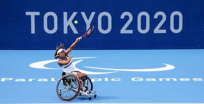 ui Kamiji of Team Japan in action during a training session ahead of the Tokyo 2020 Paralympic Games at Ariake Tennis Park on August 23, 2021 in Tokyo, Japan.