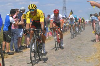Greg Van Avermaet in the yellow jersey on stage 9 of the 2018 Tour de France