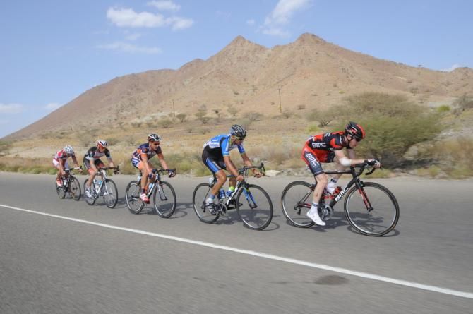 Brent Bookwalter (BMC) leads Andreas Schillinger (NetApp-Endura) in the five-man breakaway