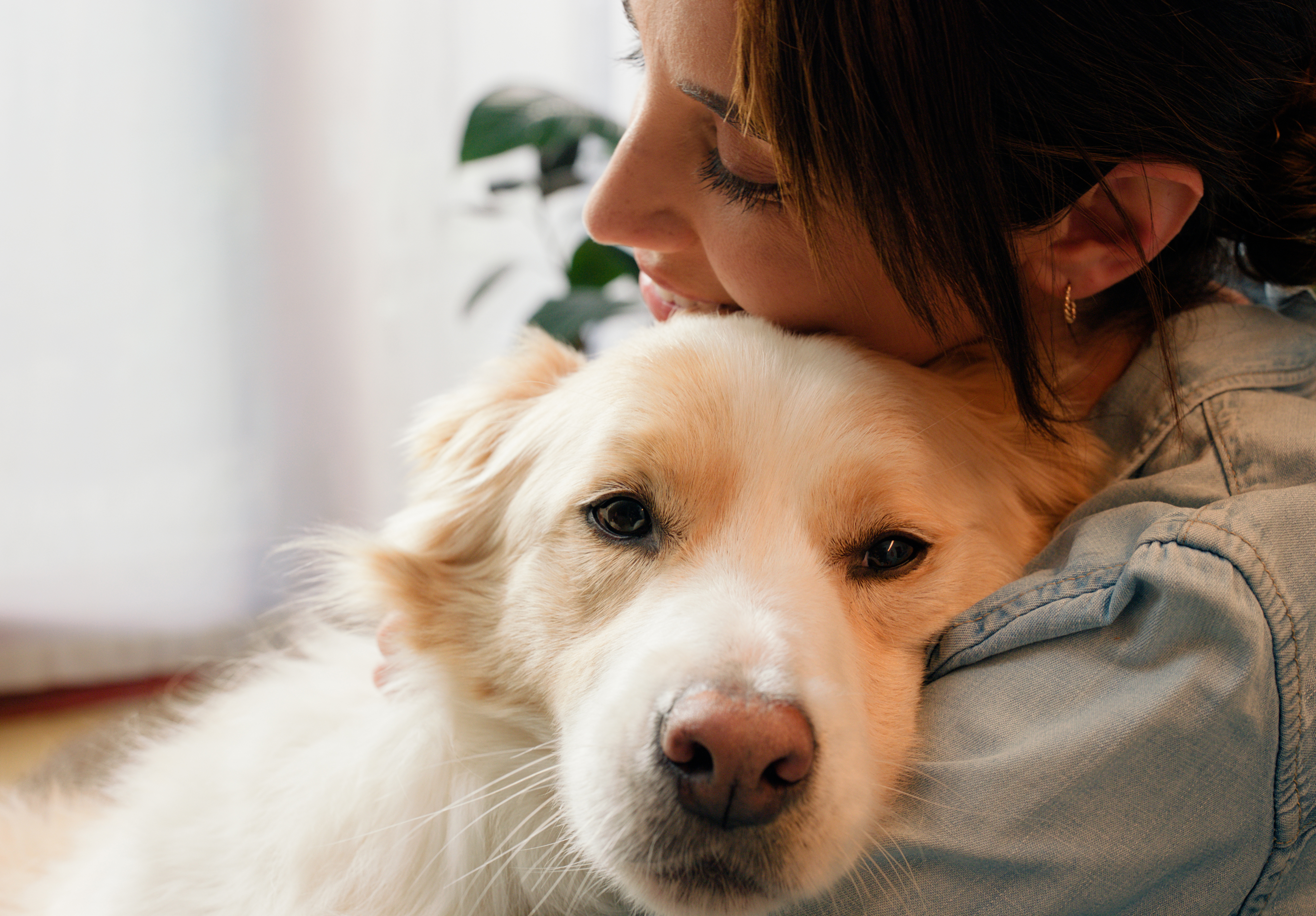 Woman cuddling emotional support dog