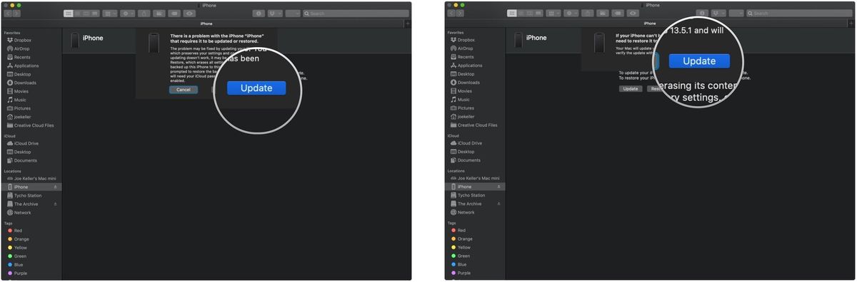 Update from beta to release on Mac, showing how to Click Update, then click another Update button