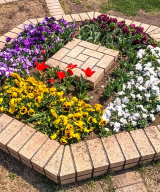 A flowerbed with purple, yellow, and white flowers inside it and light colored bricks around the border of it and in the middle of it