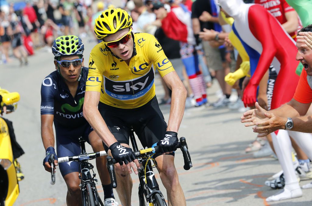 Chris Froome has Nairo Quintana on his wheel on the early slopes of Mont Ventoux in 2013