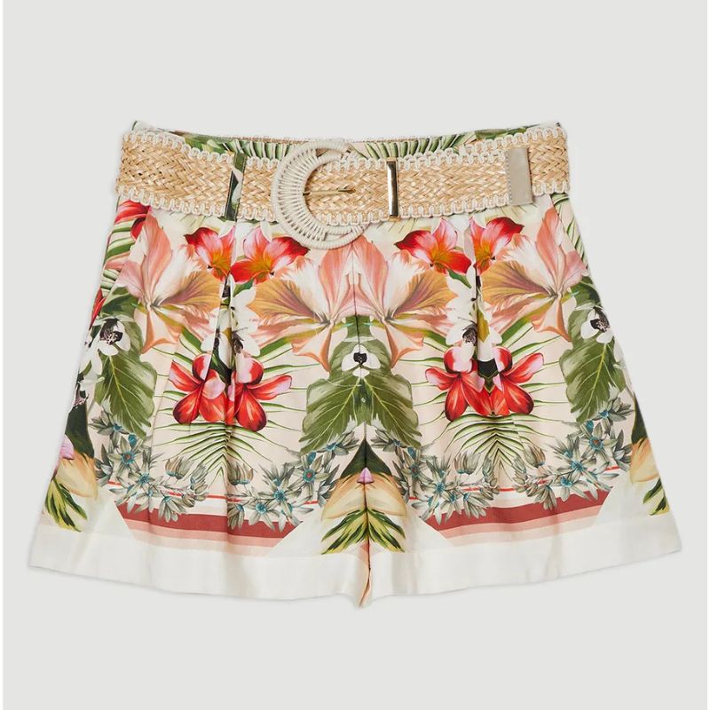 Karen Millen, Mirrored Viscose Linen Floral Print With Raffia Belt Woven City Short