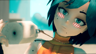 P, from Motorslice, holds a VR headset and tilts her head at the viewer.