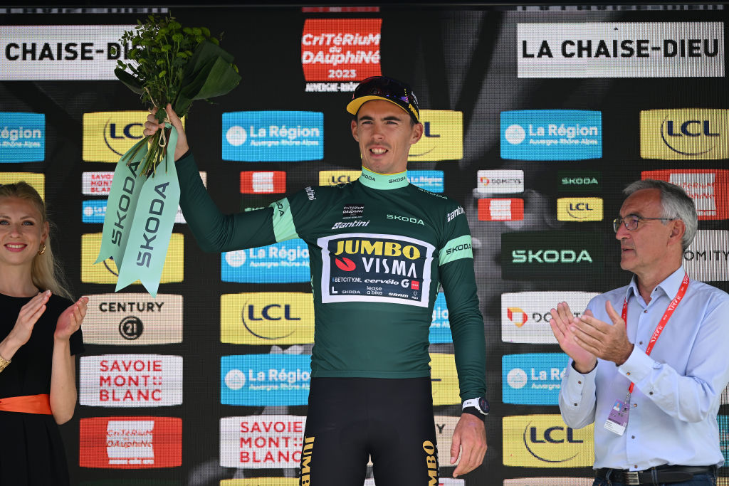 LA CHAISEDIEU FRANCE JUNE 05 Christophe Laporte of France and Team JumboVisma celebrates at podium as Green Points Jersey winner during the 75th Criterium du Dauphine 2023 Stage 2 a 1673km stage from BrassaclesMines to La ChaiseDieu 1080m UCIWT on June 05 2023 in La ChaiseDieu France Photo by Dario BelingheriGetty Images