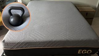 The EGOHOME Black 12" Memory Foam Mattress. In the top left foreground, there is a circular frame showing testing on the mattress.