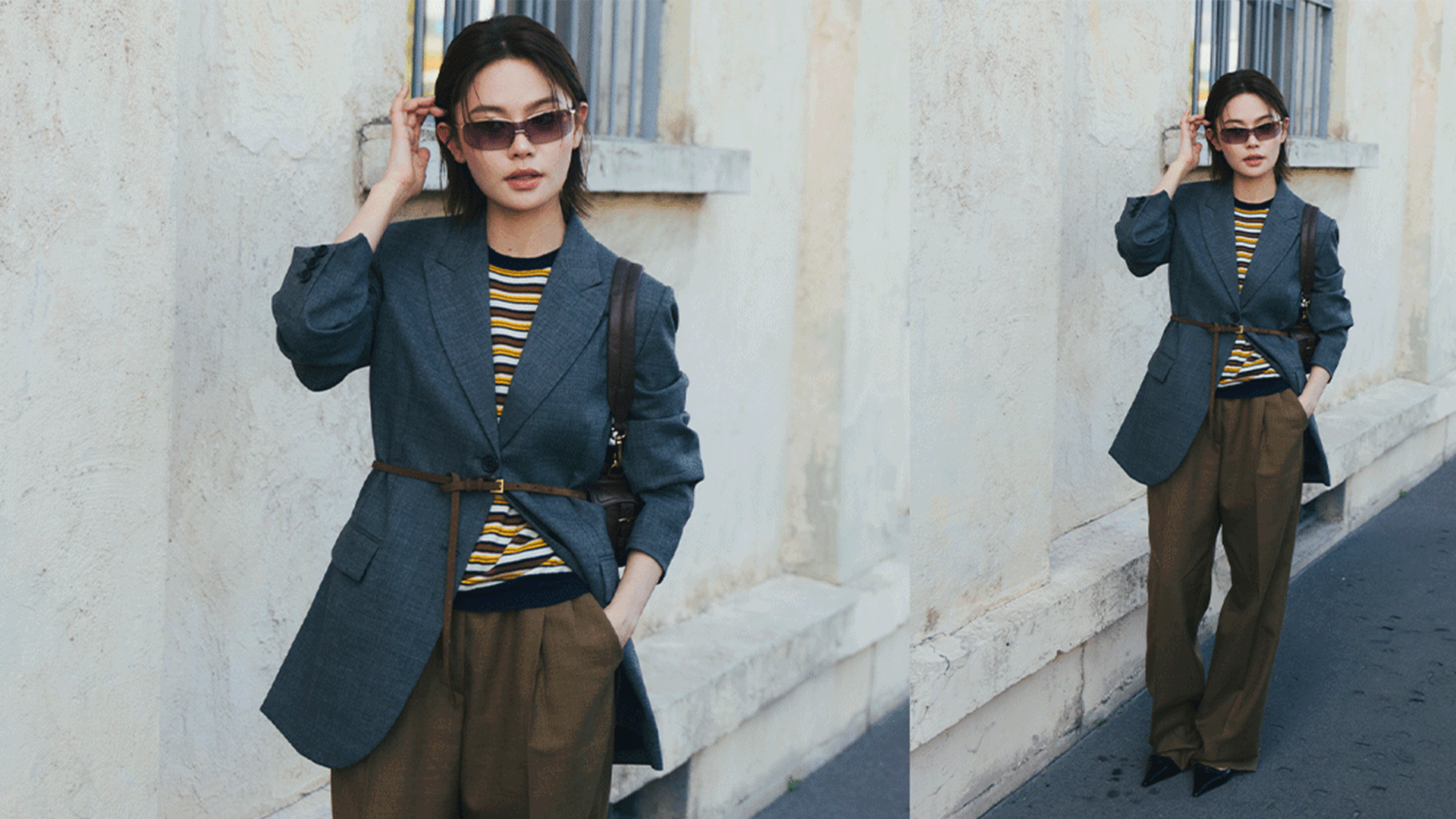 Woman wears striped shirt, gray blazer, olive green trousers, and pointed toe shoes.