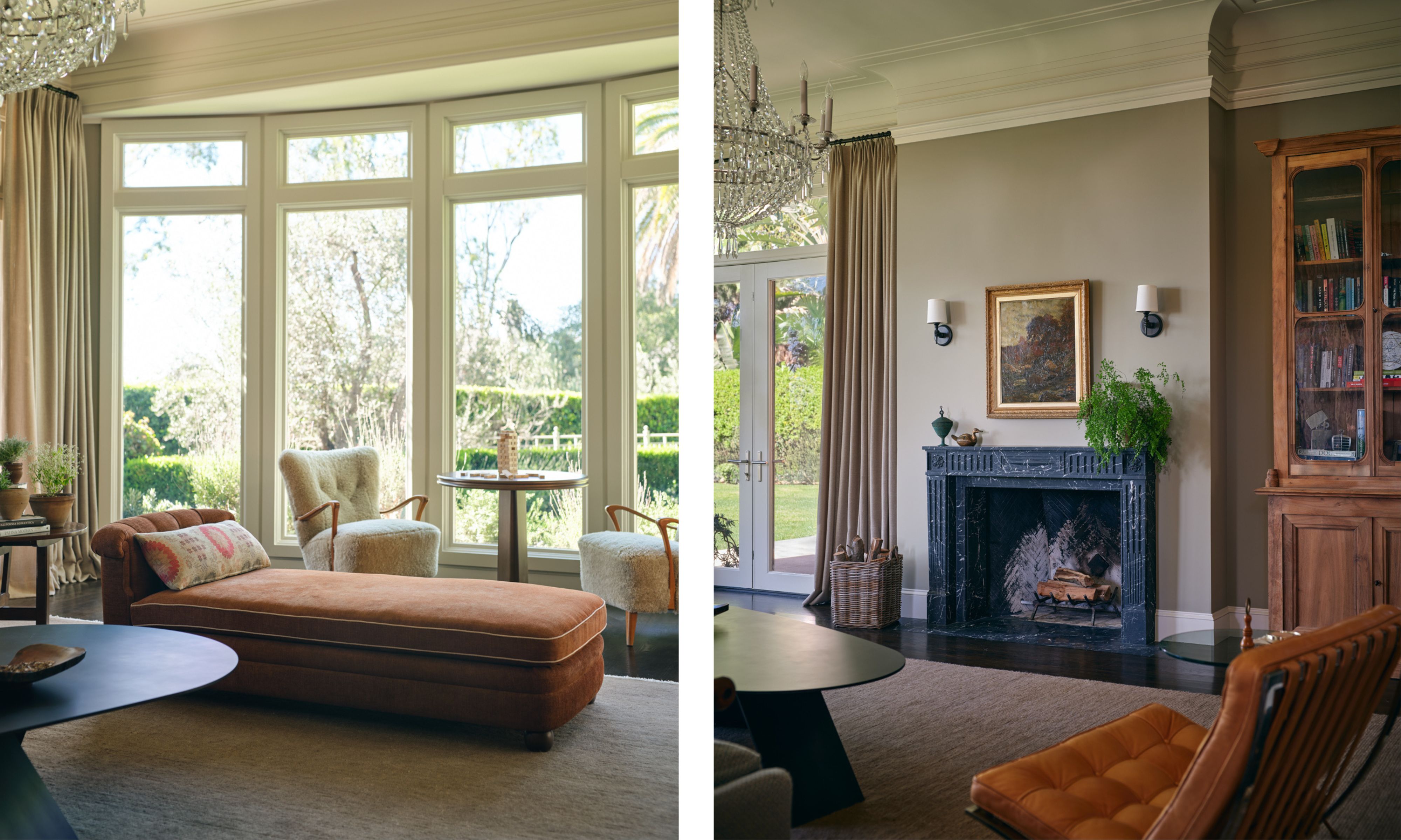 two side by side images of the living room in Lea Schein's LA home with vintage furniture and large windows overlooking the garden