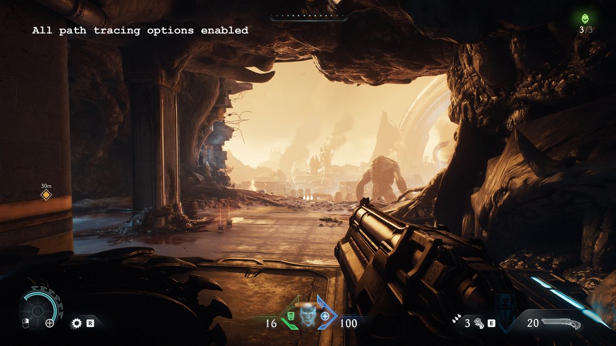 A screenshot of the PC version of Doom: The Dark Ages, showing the visual impact of using path tracing