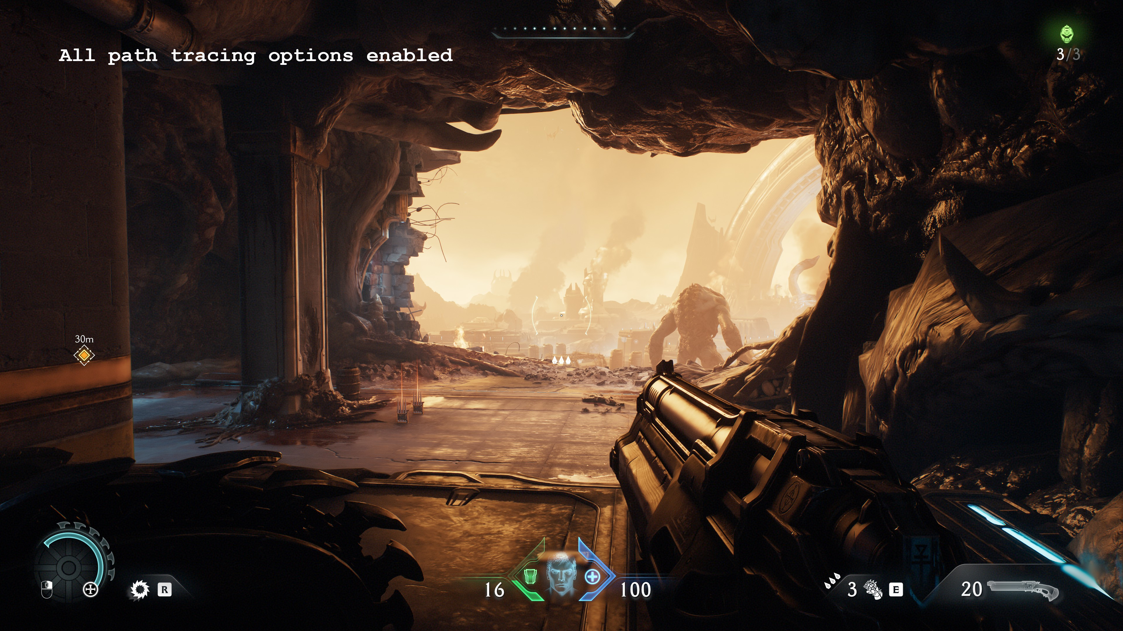 A screenshot of the PC version of Doom: The Dark Ages, showing the visual impact of using path tracing