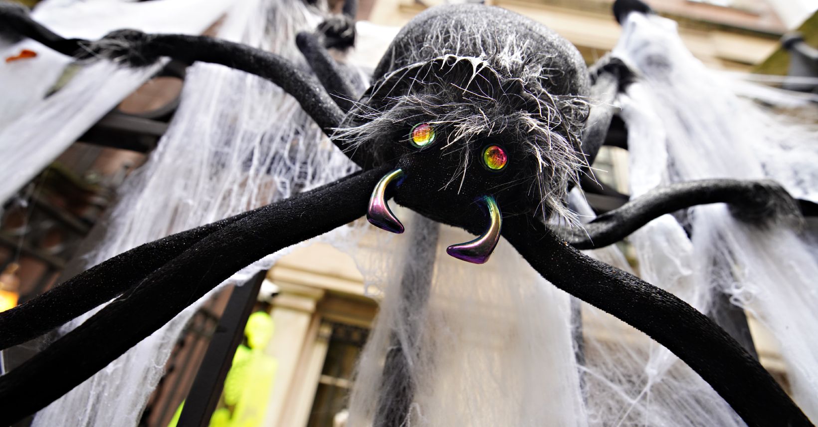 A spider is part of a Halloween display in front of an Upper East Side home on October 30, 2020 in New York City.