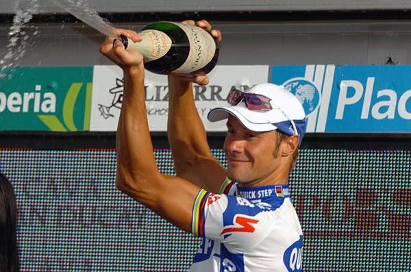 Tom Boonen (Quick Step) having fun on the podium after winning the stage.