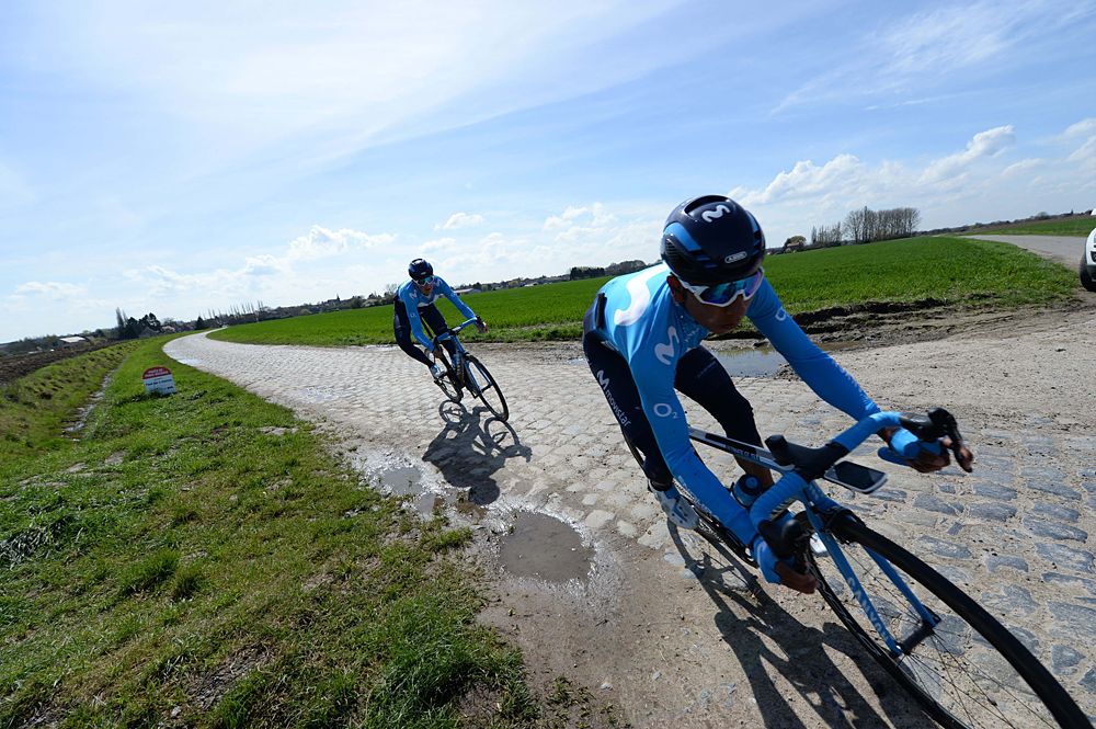 Nairo Quintana - Movistar training on the Paris-Roubaix cobbles as recon for stage 9 at the Tour de France