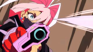 Anime character with pink hair and an intense gaze aims a futuristic weapon, set against dynamic, blurred motion lines, conveying action and focus.