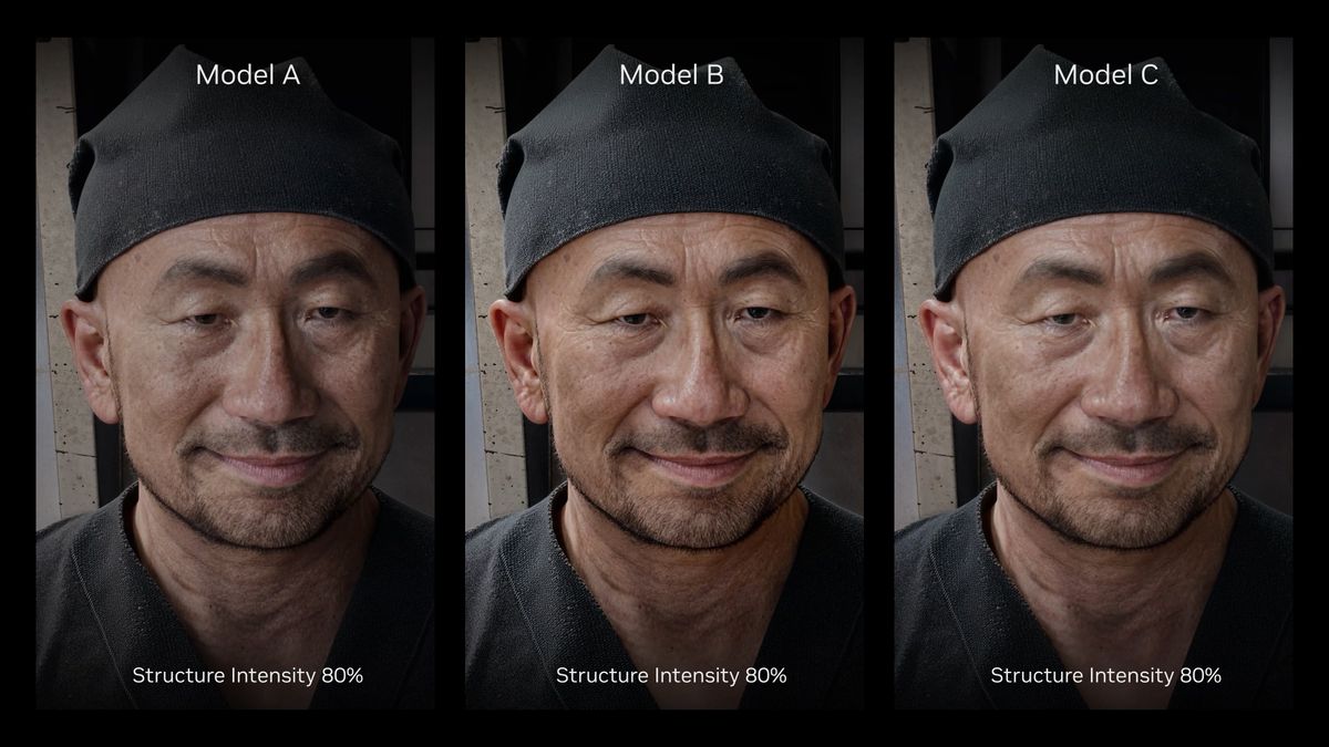 A comparison of the appearance of a game character using three different DLSS 5 AI models