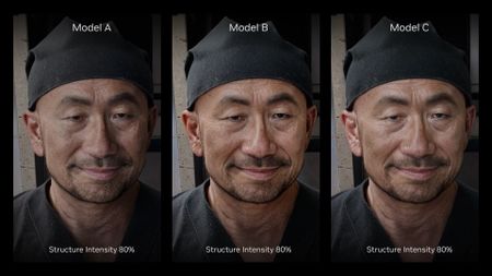 A comparison of the appearance of a game character using three different DLSS 5 AI models