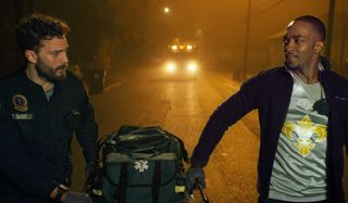 Jamie Dornan and Anthony Mackie arriving on the scene in Synchronic.