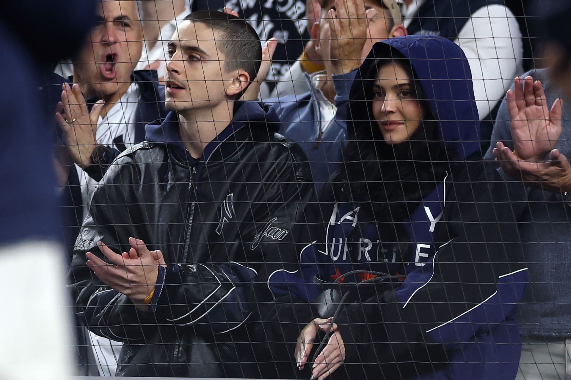 NEW YORK, NEW YORK - OCTOBER 08: Timothée Chalamet and Kylie Jenner look on during the seventh inning of game four of the American League Division Series between the New York Yankees and the Toronto Blue Jays at Yankee Stadium on October 08, 2025 in New York City.
