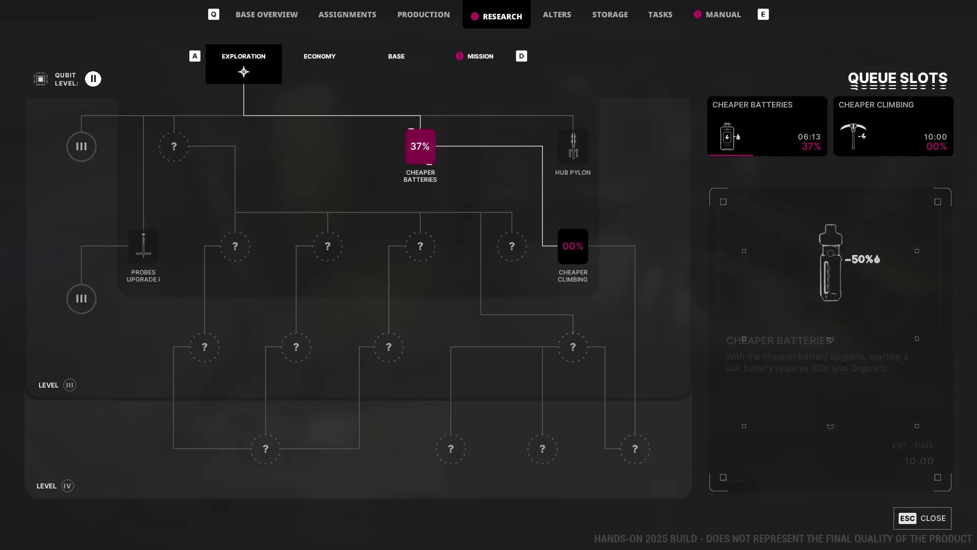 The Alters screenshot of the research tree.