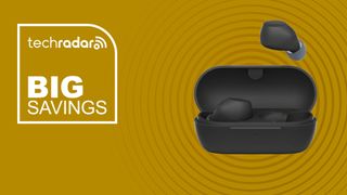 The Sony WF-C710N Earbuds on a yellow background with text saying Big Savings.