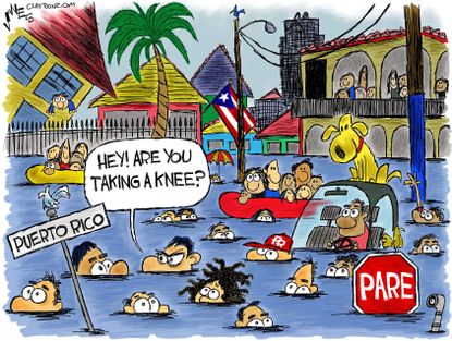 Political cartoon U.S. NFL kneeling Puerto Rico destruction