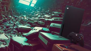 Xbox in a warehouse of junk
