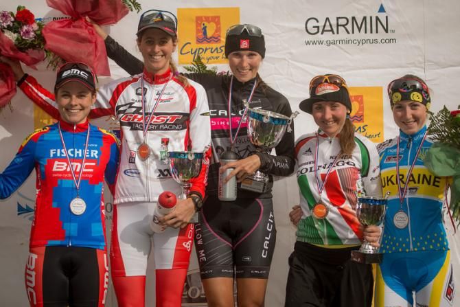 Elite women's podium in Voroklini: Corina Gantenbein, Katrin Leumann, Eva Lechner, Yana Belomyna
