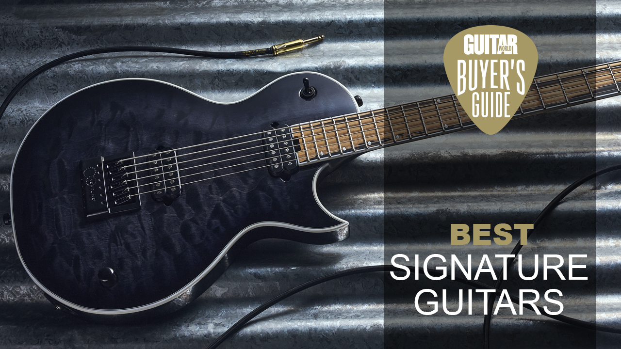 The Sleep Token signature guitar on a piece of corrugated metal with a guitar cable coiled nearby
