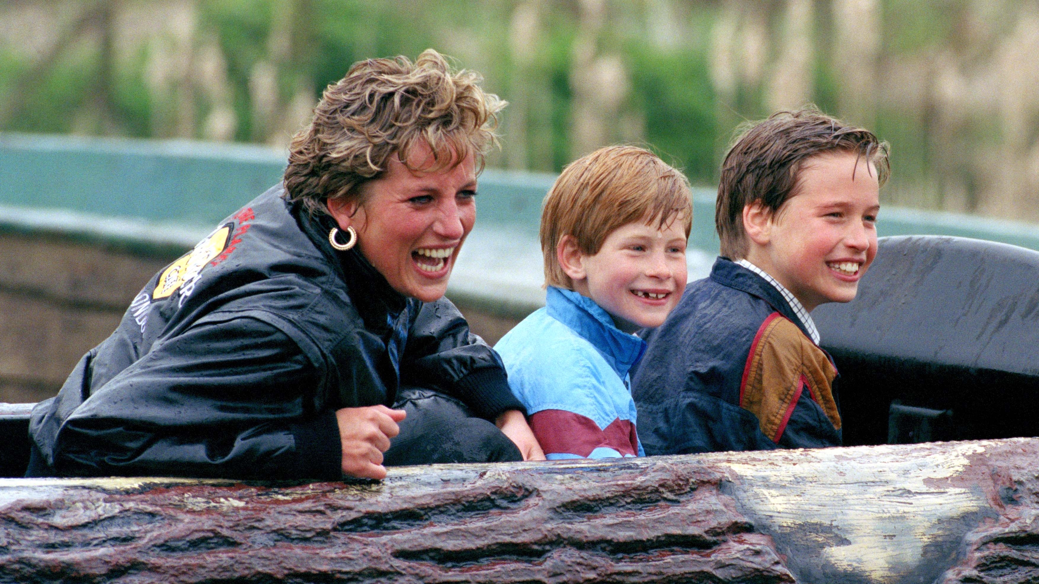 Diana, Princess of Wales, Prince William and Prince Harry beam as they visit Thorpe Park Amusement Park