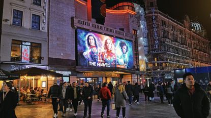 The Marvels on a massive board outside the Vue cinema in the West End in London