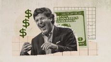 Photo collage of Tucker Carlson, a 100 dollar bill, and a chart in the background